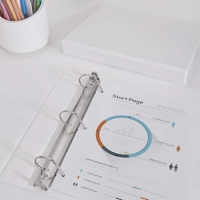 Comix Sturdy 3-Ring-Binder 1-inch D Ring Binders, 2.4mm-Thick, Hold 225 Sheets of 8.5" x 11" Paper, 8 Pack (White)