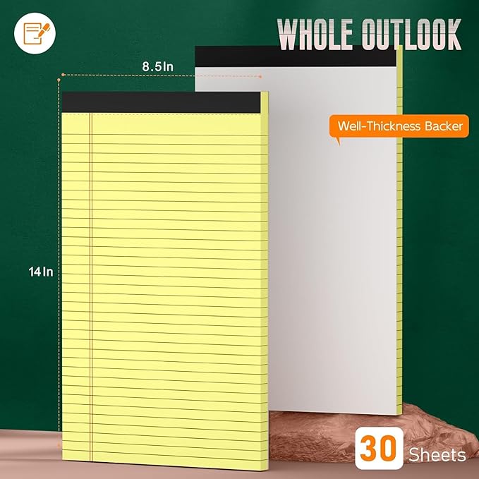 Legal Pads 8.5 x 14 Note Pads, 10 Pack Writing Pads Wide Ruled Notepads, Micro Perforated Notepad, Double-Side Printed Lined Paper Pads 30 Sheets per Notepad, Yellow Legal Pads for Home, Office, School