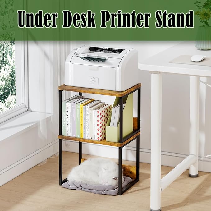 MARTY Desktop Printer Stand 2 Pack Printer Stand with Storage for Desk, Shelf Organzier for Home/Office Printer Riser Under Desk Small Table for Fax Machine Scanner(Rustic Brown)