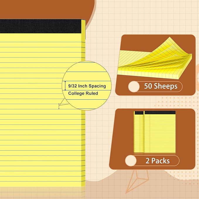 Legal Pads 8.5 X11, Narrow Ruled Notepads, 2 Pack, 50 Sheet/Pad, Yellow Legal Pads, Tear Off Notepad, Perforated Writing Pad, Notebook Paper College Ruled, Notepads for Office Home School, Notepad