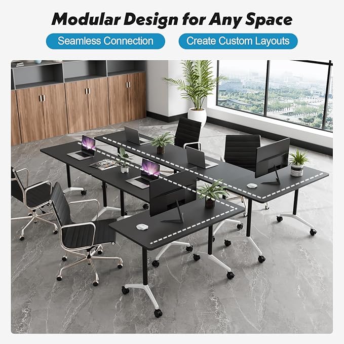 Goakwwuz Conference Room Table, Folding Conference Tables,Thicken Grey Tabletop,Flip Top Wooden Seminar Meeting Room Table for Conference Room Offices (6, Black, 70.8”)