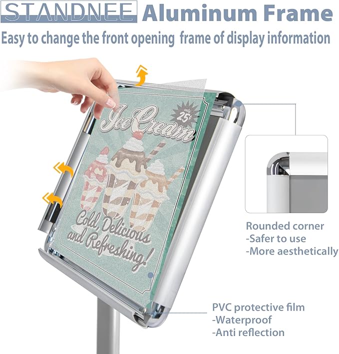 STANDNEE Heavy-duty Poster Stand Holder 11"x 17" Pedestal Floor Standing Sign Holder Vertical and Horizontal View Sign Display, Aluminum Snap Open Frame with Safety Corner, Silver