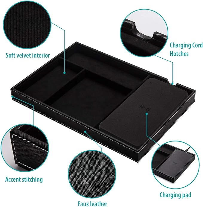 Valet Tray, Built in Wireless Charging Pad, Nightstand Organizer, Dresser Organizer, Mens Jewelry Box, Valet Charging Station, Faux Leather Valet Tray for Men and Women, (Black)