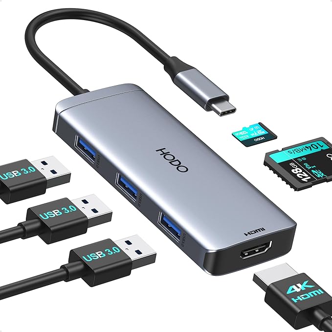 USB-C Hub Multiport Adapter for MacBook Air/Pro - 6 in 1 HDMI Dongle with 4K, USB 3.0 Ports, SD/TF Card Reader for MacBook m1/m2/m3/m4, Dell XPS, HP, Lenovo, Surface and Other Type-C Devices