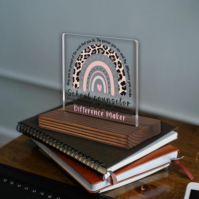 School Counselor Appreciation Gift Leopard Rainbow Desk Sign, Inspirational Decor for Educational Mental Health Staff, Difference Maker Plaque PA080