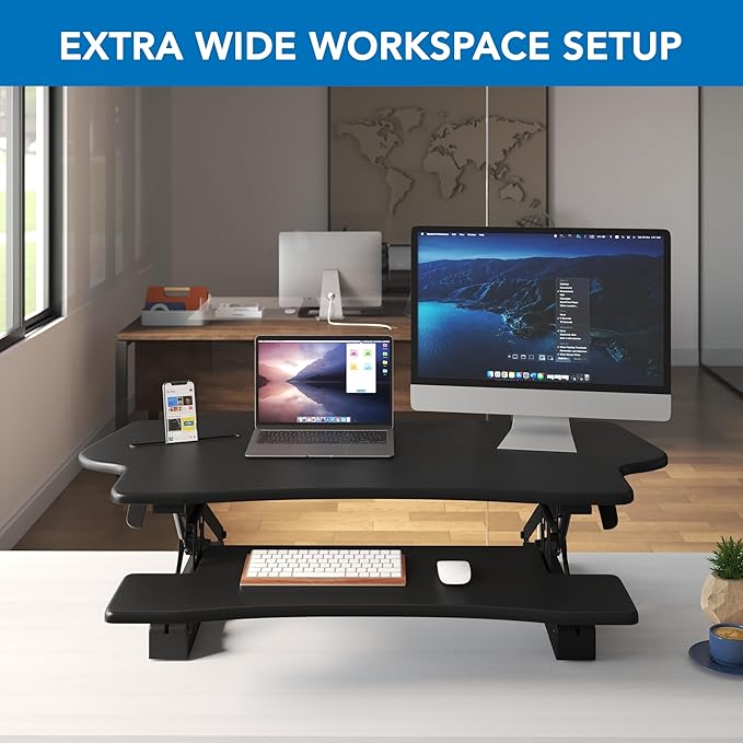 Mount-It! Standing Desk Converter, 48" Wide Sit Stand Desk Riser with Dual Gas Spring Handles, Height Adjustable from 6"–19.25", Extra Large Tabletop for 2 Monitors, Keyboard Tray & Device Slot, Black