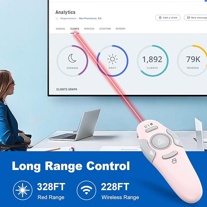 QUI Presentation Clicker Wireless Presenter Remote Clicker for PowerPoint Presentation Remote, PowerPoint Slide Advancer for Mac/Windows/Linux, Google Slide/PPT/Keynote, USB A, Pink