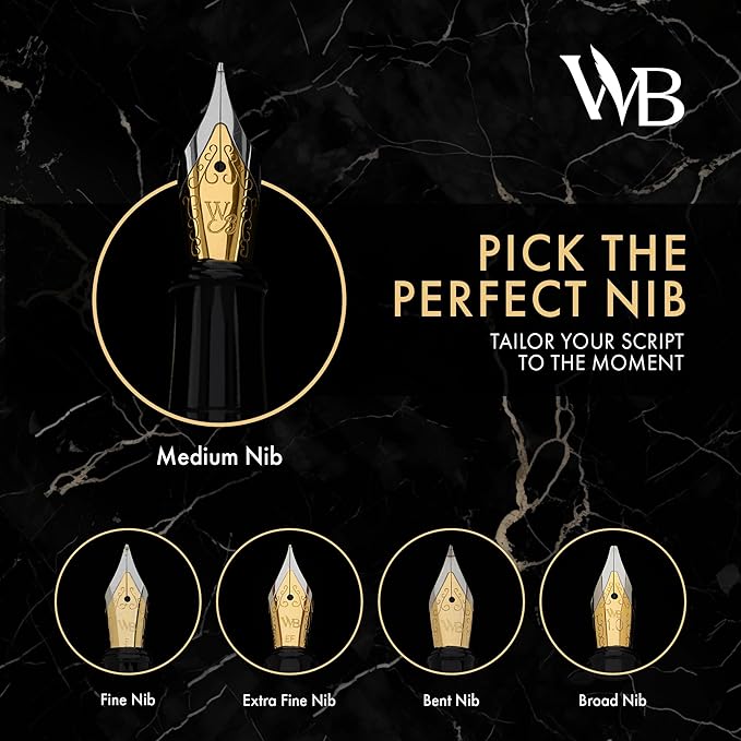 Wordsworth & Black Fountain Pen Set, 18K Gilded Fine Nib, Includes 24 Pack Ink Cartridges, Ink Refill Converter & Gift Box, Gold Finish, Calligraphy, [Imperial Blue], Perfect for Men & Women
