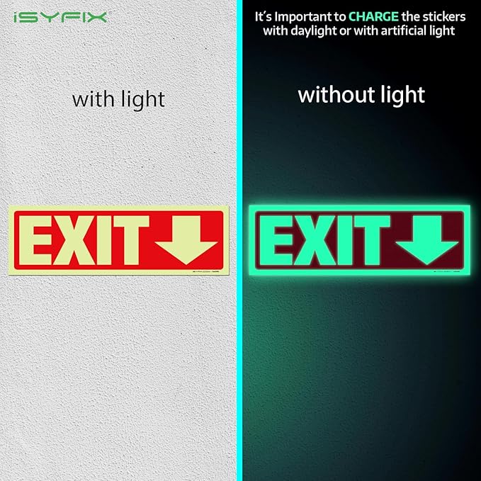 iSYFIX Exit Stickers Signs with Directional Down Arrow 2 Pack 12x4 Inch - Glow in the Dark Photoluminescent Vinyl for Office, School, Business, Warehouse - UV & Weather Resistant for Indoor/Outdoor Use