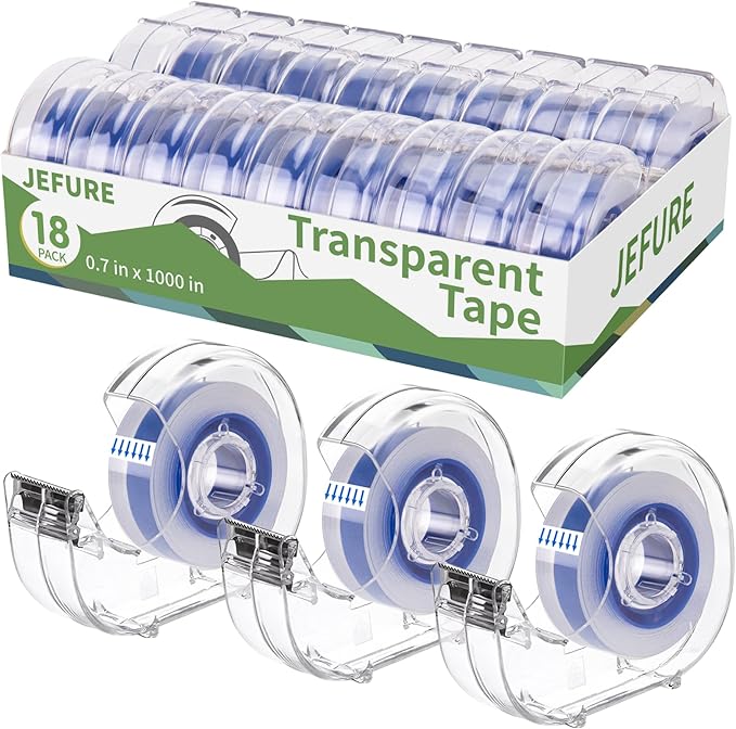 JEFURE 18 Pcs Transparent Tape with Dispenser, 0.7 x 1000 in Blue Core Clear Tape Rolls Bulk, Office Tape Refills for Desk, Craft, and Gift Wrapping
