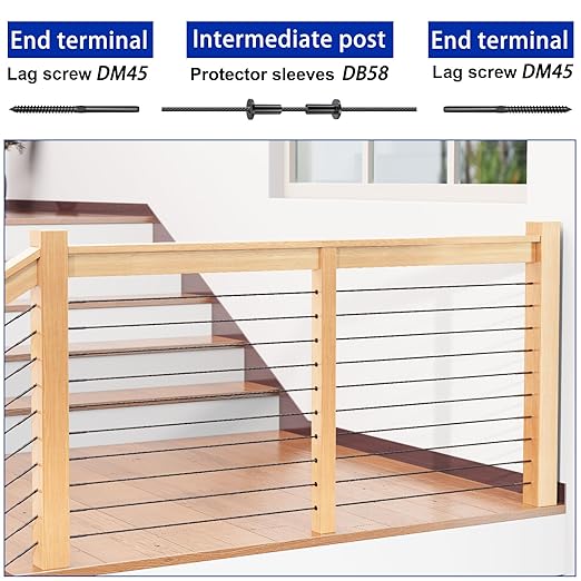 50 Pack Cable Railing Protector Sleeves for 1/8” Deck Railing System, Black Cable Railing Kit Hardware for Wood Post, T316 Stainless Steel Marine Grade DB58