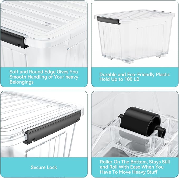 Nazhura 97Quart Plastic Storage Bin, Stackable and Nestable Storage Boxes with Clear Lids and Secure Latching Buckles, Large Storage Container (Clear, 97Quart-6Pack)