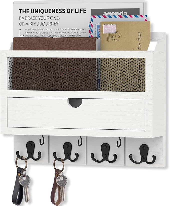 Nekon Mail Organizer with Drawer for Wall, 12"W x 10"H x 3.1"D Mail Sorter Wall Mounted, Wooden Key Holder Wall File Organizer Letter Sorter for Letter Magazines (White)