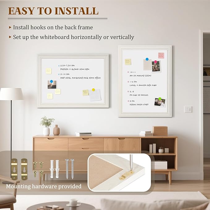White Board for Wall, 24'' x 18'' Magnetic Dry Erase Board, Decorative Whiteboard with White Vintage Wooden Frame, Hanging Writing Board for Home Office School Dorm