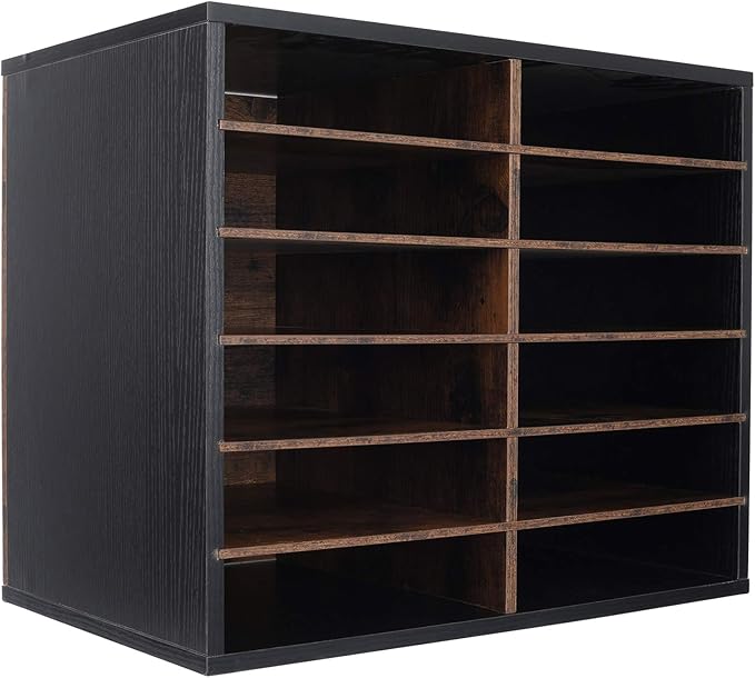 TQVAI Wood Literature Organizer, 12 Slots Hold 6000 Sheets A4 Papers, Wooden Desk Paper File Storage Organizer with Adjustable Shelves, Mailbox Cubbies for Office Home Classroom, Black/Archaize