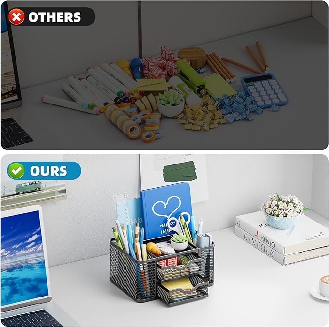 Marbrasse Mesh Desk Organizer, Pen Organizer with 2 Drawer, Multi-Functional Pencil Holder, Desk Organizers and Accessories with 5 Compartments + Drawer for Office Art Supplies (Black)