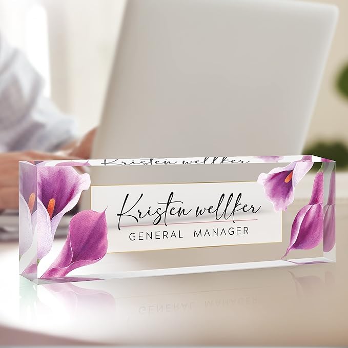 Personalized Name Plate for Desk Custom Acrylic Desk Name Plate Custom Employee Appreciation Gifts Office Gifts for Women, Men, Boss, Coworkers, Teacher, Nurse (Purple Calla Lily)