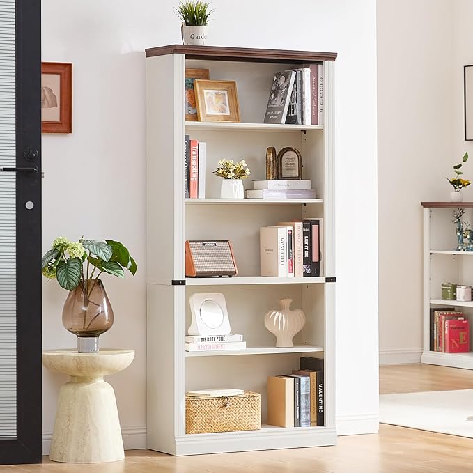RWYHG 70" White Tall Bookshelf Set of 4,5-Tier Thick Wooden Book Shelf with Adjustable Shelves,Free Standing Farmhouse Bookcase with Open Display Storage,Floor Vintage Bookshelves for Living Room