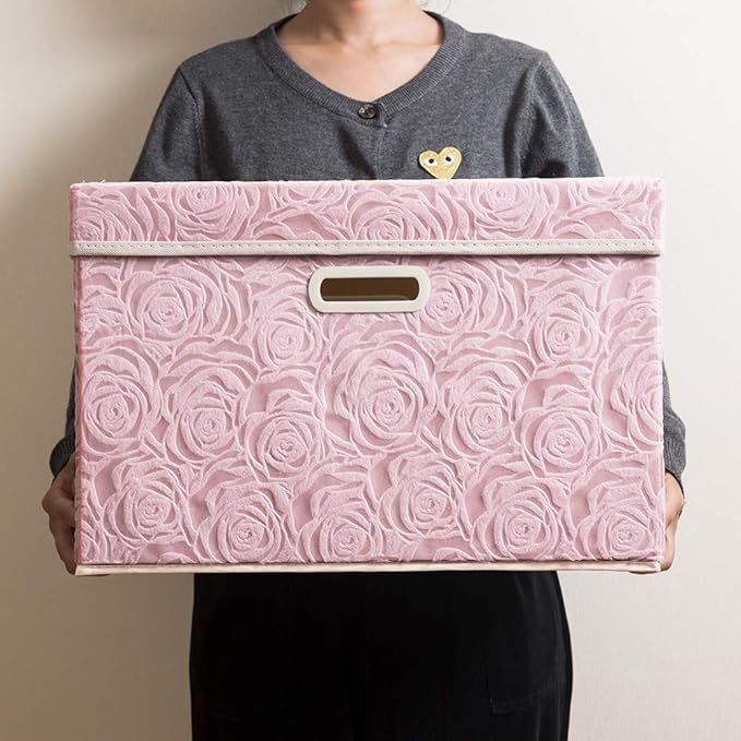 PRANDOM Large Foldable Storage Boxes with Lids [5-Pack] Fabric Decorative Storage Bin Cubes Organizer Containers Baskets with Cover Handles for Bedroom Closet Nursery Pink 17.7x11.8x11.8 Inch