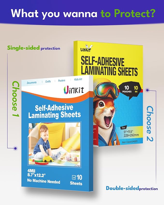 Uinkit 4mil Thicker Self-Adhesive Laminating Sheets, 10Pack Letter Size 8.5x11" - Peel & Stick, No Heat Needed - Dry-Erase Friendly Surface for Reusable Documents, Kids Art, Posters & Crafts