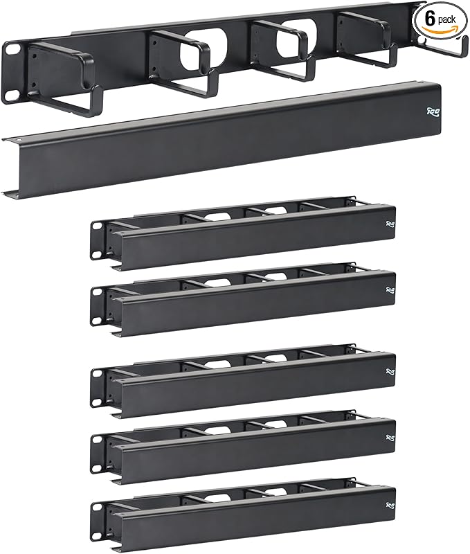 ICC 1U Ring Cable Manager Panel with Cover, Metal, 3" D-Rings, Horizontal Cable Management, Rackmount for 19” Network Racks, Black, 6-Pack