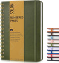 Lined Spiral Journal Notebook, A5 Hardcover Spiral Journals for Women Men, 150 Numbered Pages Spiral Bound Notebook, 100 GSM College Ruled Notebooks for Work, Note Taking 5.75" x 8.38", Olive Green