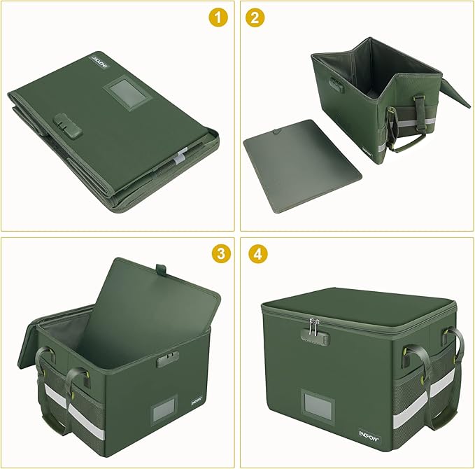 ENGPOW File Box with Lock, Fireproof Document Box with Pockets, Collapsible File Organizer Filing Storage Cabinet with Handle, Portable Home Office Safe for Hanging Letter/Legal Folders,Green,2 Pack