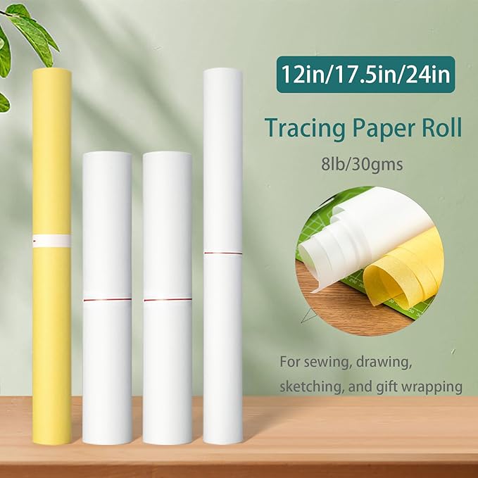 SEMLEART Tracing Paper Roll,17.5-inch x 25yard，White Translucent Vellum,Pattern Paper for Sewing, Drawing, Sketching, Gift Wrapping