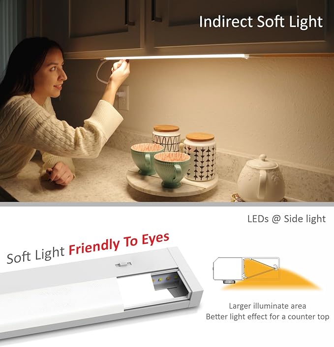 Leetdud LED Under Cabinet Lighting Hardwired or Plug in, 18 Inch 9W, Dimmable 5 Color 2700K/3000K/3500K/4000K/5000K, Linkable Eyes Care Design Counter Lights for Kitchen, Sink, ETL Listed, White