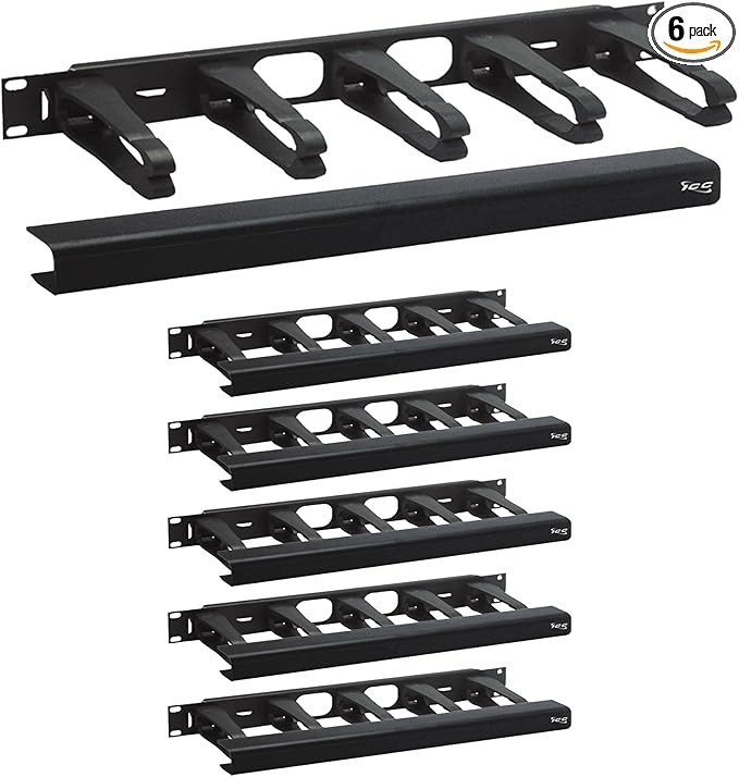ICC 1U Ring Cable Manager Panel with Cover, Plastic with Metal Back Frame, 4" D-Rings, Horizontal Cable Management, Rackmount for 19” Network Racks, Black, 6-Pack