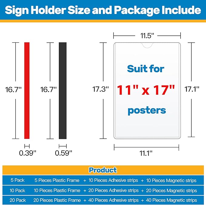 Magnetic Sign Holder 11 x 17 Adhesive Frame 5 Pack, Rigid Plastic Document Paper Holder with Magnet & Adhesive Strips, Wall Door Sign Holders Magnetic Frame for Office Home Store Restaurant
