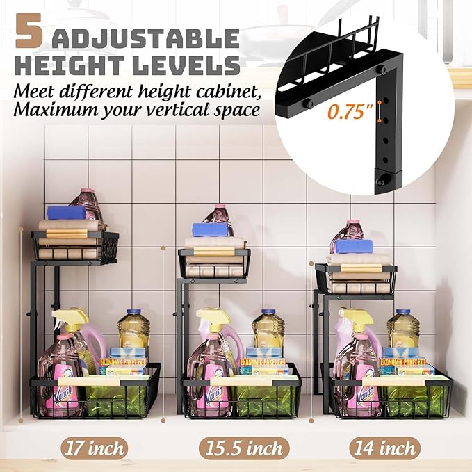 Dihmpor Under Sink Organizer and Storage, 2 Pack Slide Out Under Cabinet Storage Pull Out Sink Shelf Cabinet Storage Shelves, Undersink Organizers for Kitchen Bathroom Cabinet