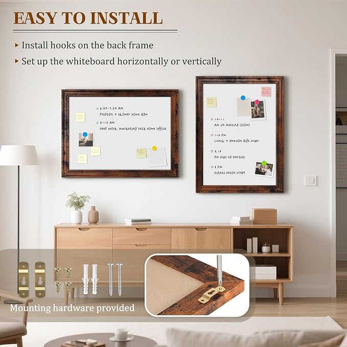 Large White Board for Wall, 36'' x 24'' Magnetic Dry Erase Board, Decorative Whiteboard, Brown Vintage Wooden Frame
