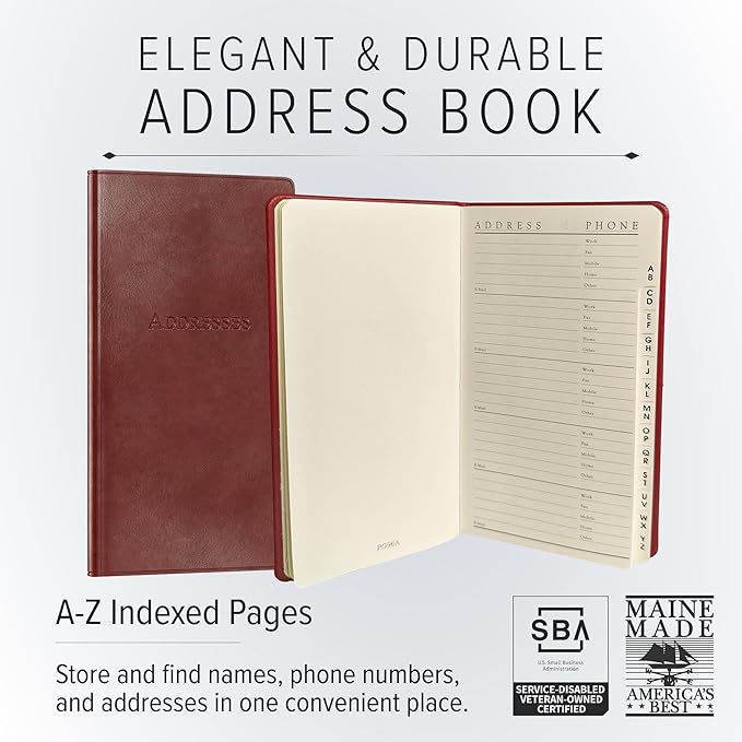 Gallery Leather Small Address Book with Alphabetical Tabs up to 403 Records, Leather Notebook Hardcover, Telephone and Address Books - 6x3.25", Pocket Address, Acadia Hope