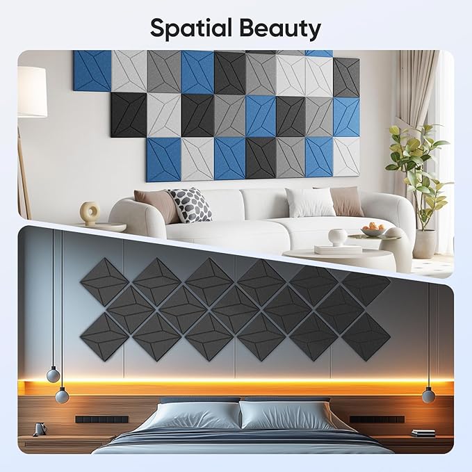 UNECHO 12 Pack 12" X 12" X 0.4" Acoustic Panels for Wall Sound Absorbing, P-Stripes Square Self-Adhesive Sound Panels, High Density Suitable for Multiple Scenarios(MoonLight Gray)