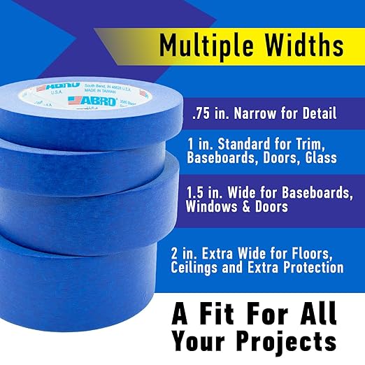 ABRO Blue Painters Tape 1.5 Inch Wide, 36mm x 55M, All Purpose Blue Tape, Temporary Labeling, Easy Tear, Clean Removal, Masking Tape Colored DIY or Pro - 3 Pack