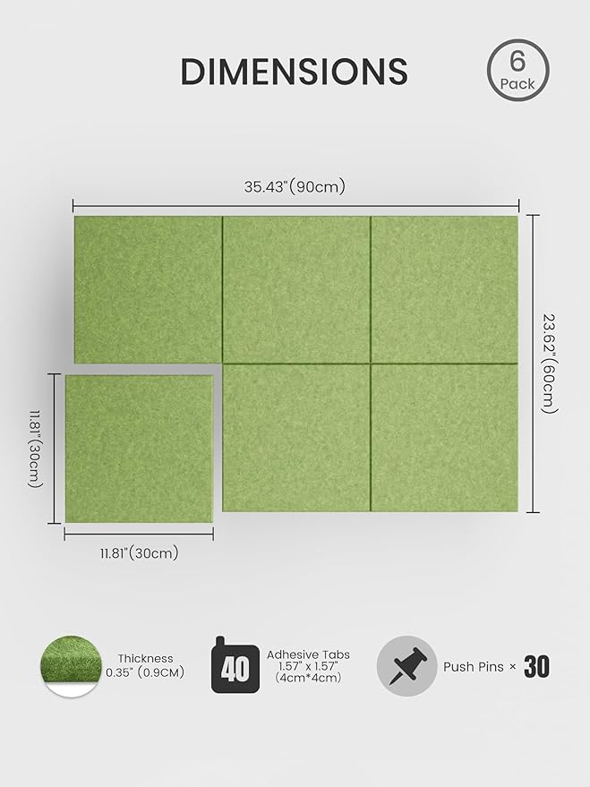 Bumusty Large Cork Board 36"x24" Alternative - 6 Pack Felt Wall Tiles with 40 Safe Removable Adhesive Tabs, 30 Pushpins, Cork Boards for Walls Pin Board Bulletin Board Office Decor (Kelly Green)