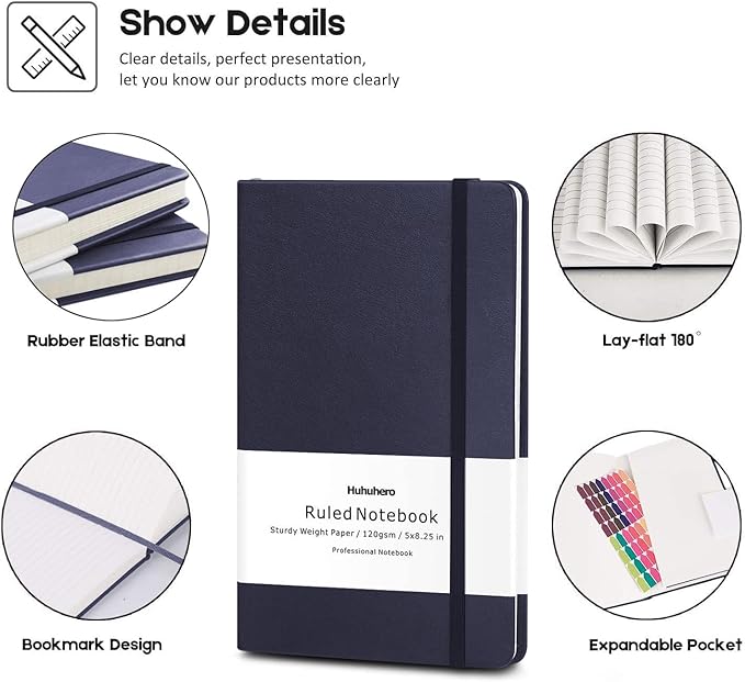 Huhuhero Notebooks Journal, Ruled Notebook, Premium Thick Paper Lined Journal, Black Hardcover Notebook for Office Home School Business Writing Note Taking Journaling, 5"×8.25" (5, Navy Blue)