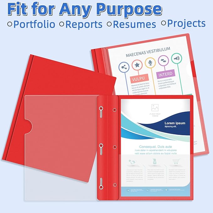 HAUTOCO 12 Pack Plastic Report Covers with 3-Prong Fasteners Clear Front Presentation Folders Resume Folders for 8.5x11 Letter Size Paper, Document Report Cover for School Office Business, Red