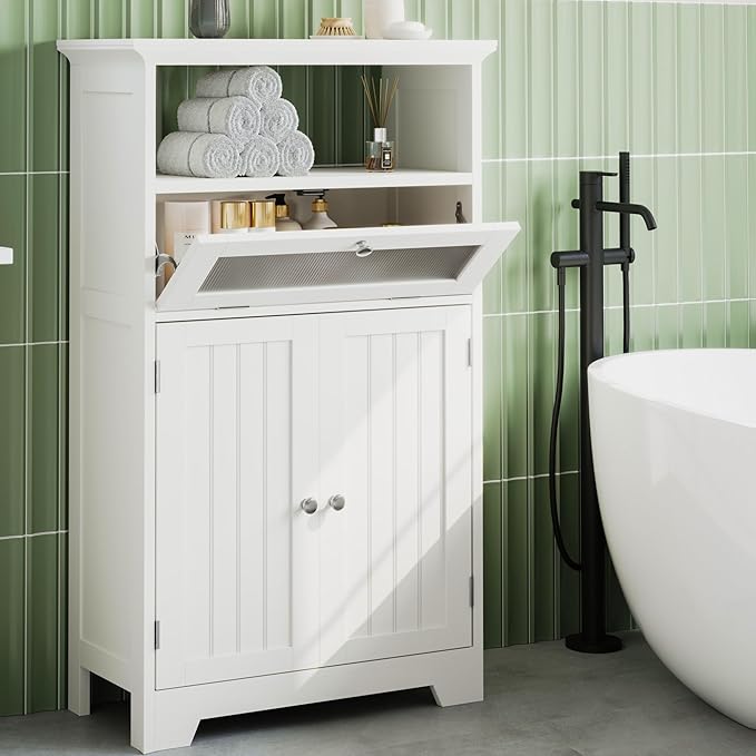 ChooChoo Bathroom Floor Storage Cabinet with Flip Glass Drawer, Freestanding with 2 Doors, Adjustable Shelf & Open Storage for Living Room, Hallway, White