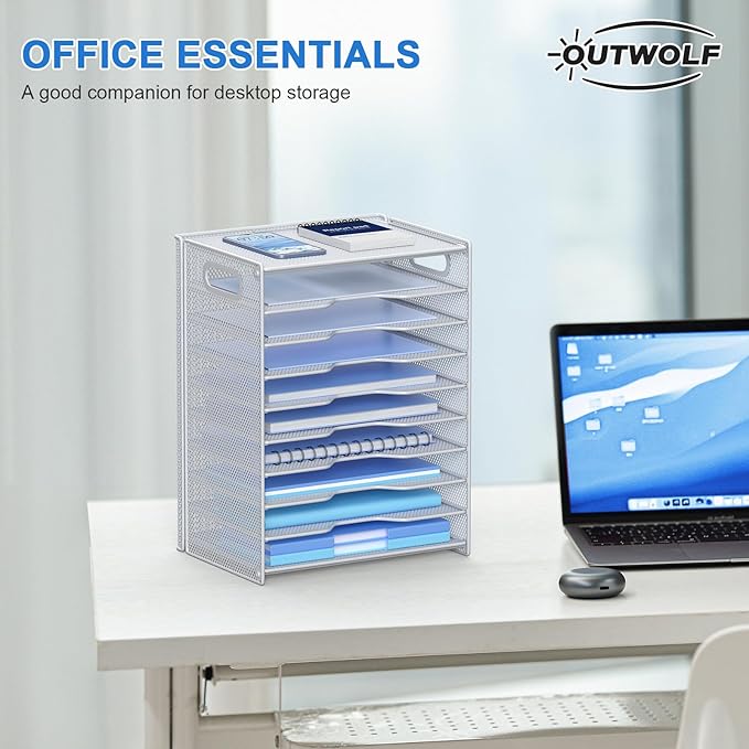 OUTWOLF 10 Tier Paper Organizer - Letter Tray Mesh Desk File Organizer with Handles for Office School Desktop, White