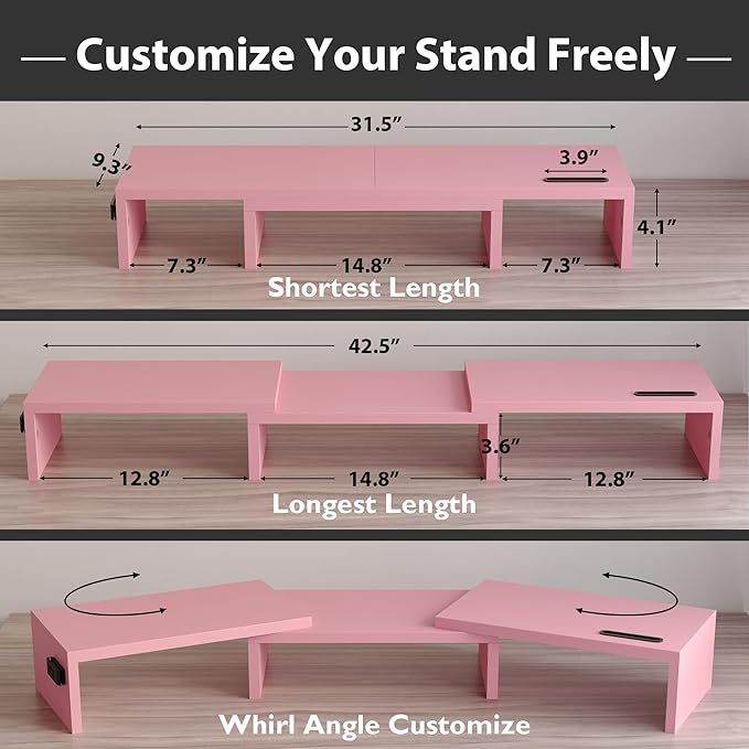 BONTEC Dual Monitor Stand Riser with Smartphone Holder, Adjustable Length & Swivel Angle, Ergonomic Wooden Desktop Organizer for PC Monitor, Laptop, Printer, Large Storage, Pink