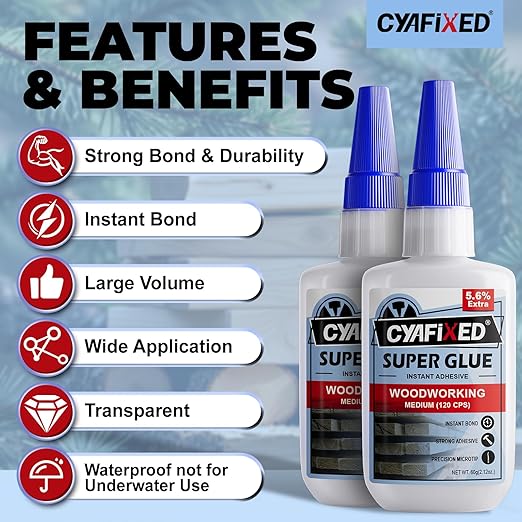 Wood Super Glue 113.6 Gram 4oz, Clear Instant Medium Cyanoacrylate Adhesive Liquid for Woodworking Wooden Crafts Furniture Repairs, All Purpose Strong CA Glue for Metal Glass Plastic Ceramic Leather