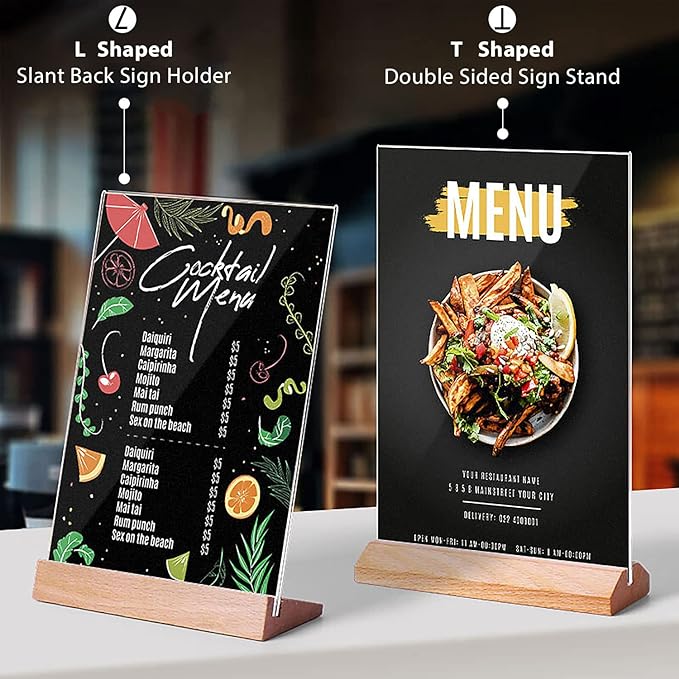 TONICE® 3 Pack 5x7 Acrylic Sign Holder T Shape Clear Acrylic Double Sided Frames with Wood Base Table Menu Display Stand Flyer Display (Optional 8.5x11/5x7 Inch L/T Shape)