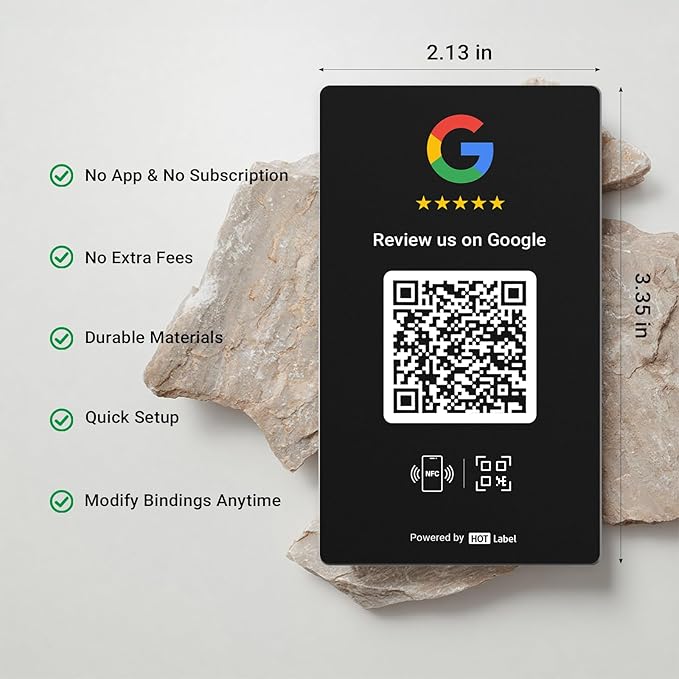 HotLabel Review Card 5-Pack + For Boosting Business Reviews + Black + NFC Tap & QR Code + Supports 5 Different Stores or Same + All Phones Compatible + No App/Subscription