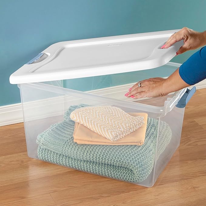 Sterilite 12 Pack Latching Box, Under Bed Storage Bins with Lids, Clear Plastic, 64 Quart - Heavy-Duty Organizing Containers for Closet, Bathroom, and Office