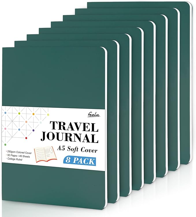8 Pack Soft Cover Journal Bulk, Feela Notebooks College Ruled for Work, Lined Travel Journal for Women Men, Note Taking Notebook School Supplies Business Writing, 8.2” x 5.5”, A5, Dark Green