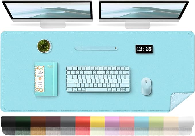 Large Desk Pad, 47.2'' x 23.6'', Computer Mat for Desk, Leather Desk Pad Protector, Suede Base Desk Blotter, Non-Slip Office Desk Mat, Waterproof Desk Writing Pad for Office and Home Aqua Frost Blue