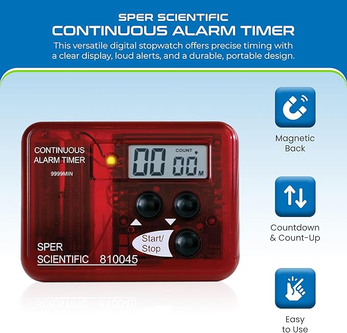 Sper Scientific Continuous Alarm Timer with Count Up Count Down & Visual Indicator 810045 - Bright LED Alarm & 9999-Minute Range - Portable Design for Cooking, Experiments, Fitness & More - 4 pc