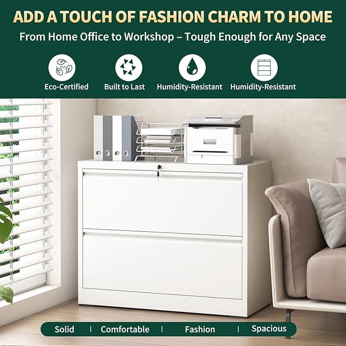 2 Drawer Lateral File Cabinet with Lock, 26.7"W File Cabinets for Home Office, Office Furniture for Organization Hanging Legal/Letter/A4, Metal Filing Cabinet Storage Cabinet, Require Assembly, White